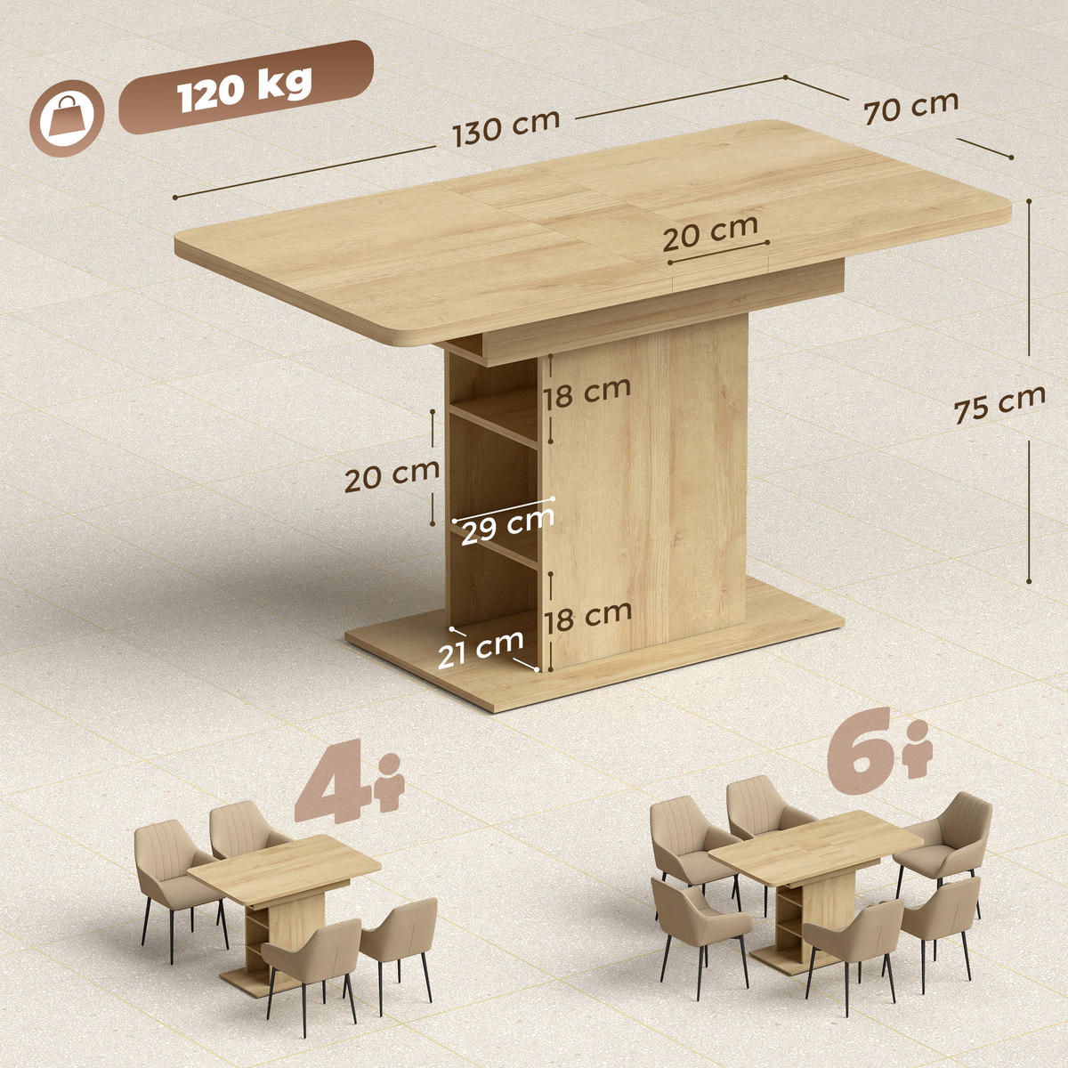 AUSZIEHTISCH Naturholzfarben Säulenfuß mit Ablagefächern 130/70/75 cm - Naturfarben, Holz (70/130/75cm) - PANGIVO