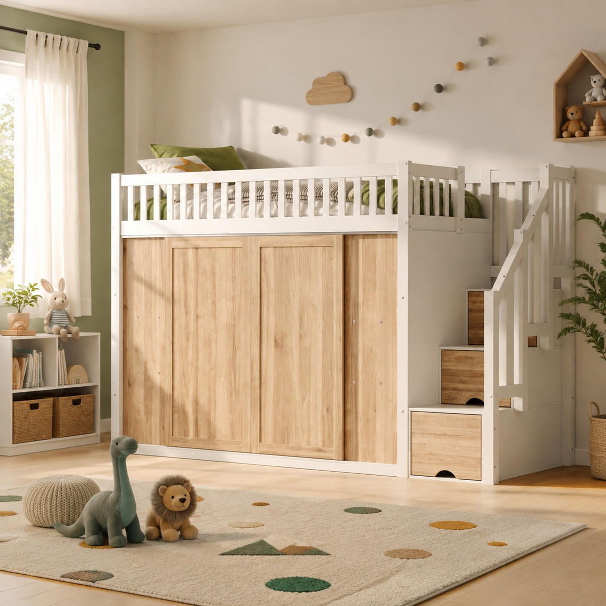 HOCHBETT 90/200 mit LED, Kleiderschrank und Treppenschrank in Weiß und Eiche - Weiß/Naturfarben, Holzwerkstoff (90/200cm) - EVRYAE