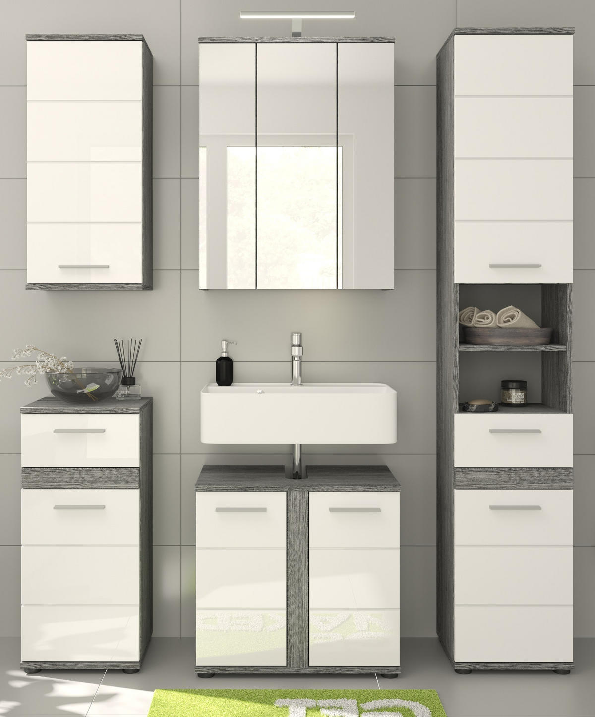 BADMÖBEL-SET weiß Hochglanz, grau 5-teilig 164 cm, Badkombination mit viel Stauraum - Weiß Hochglanz/Grau, Glas/Holzwerkstoff (164/191/34cm) - Inn.Furn