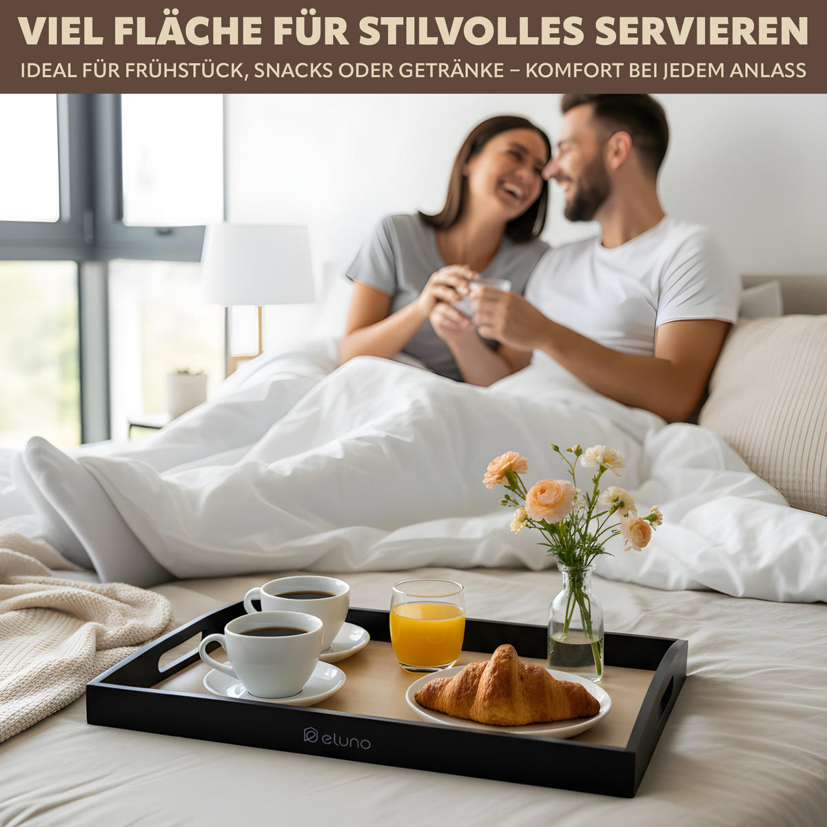 SERVIERTABLETT mit Griffmulden - Schwarz, Naturmaterialien (50/5/30cm) - eluno