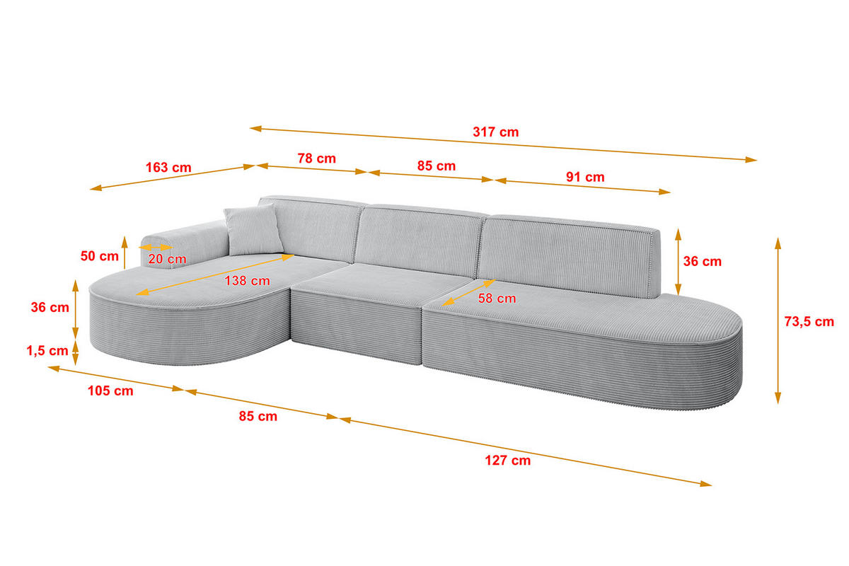 ECKSOFA Ottomane Links MARI-L2 - 317x163x73,5 cm Grau Cord - Schwarz/Grau, Holzwerkstoff/Kunststoff (165/321cm) - ALTDECOR