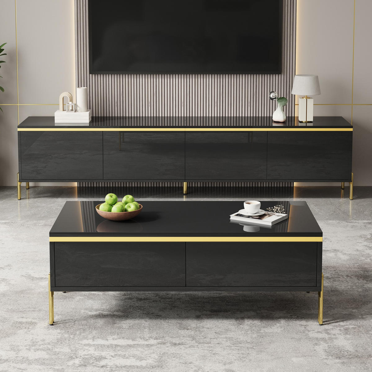 TV-SCHRANK & COUCHTISCH Schwarz 170/38/50 + 100/50/36 cm Hochglanz mit Stauraum - Schwarz, Karton (38/50/170cm) - PANGIVO