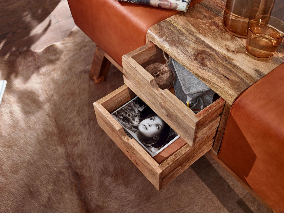 SITZBANK Massivholz Stoffbezug mit 2 Schubladen, Braun 120x30x56 cm - Braun, Mangoholz/Leder (120/56/30cm) - KADIMA DESIGN