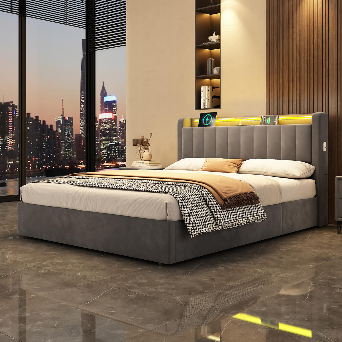 POLSTERBETT 140/200 cm Grau mit LED-Lichtleiste und USB-Anschlüssen - Grau, Holzwerkstoff (140/200cm) - OKWISH
