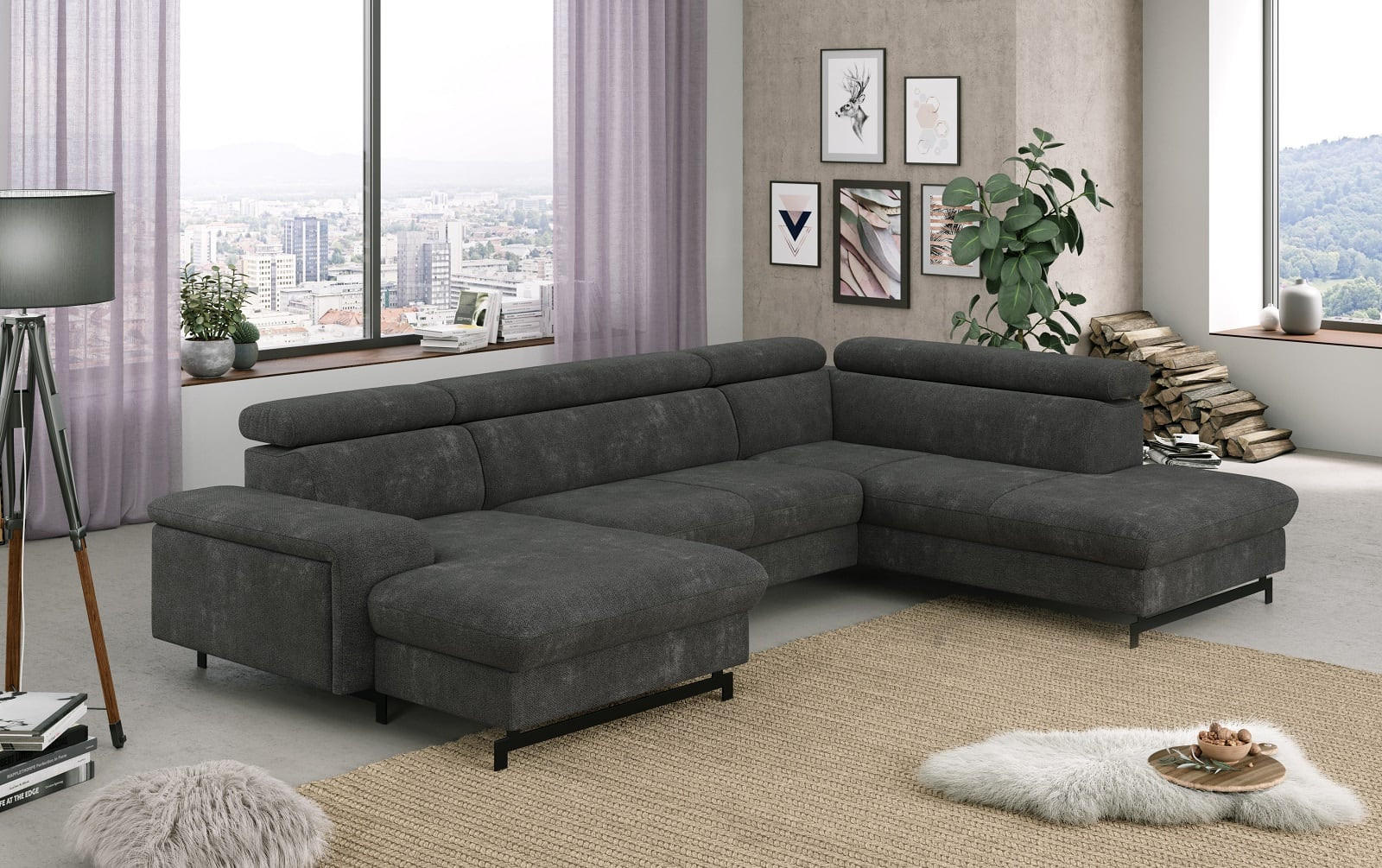 WOHNLANDSCHAFT mit Schlaffunktion und Bettkasten, Orlando-Stoff - Dunkelgrau/Schwarz, Kunststoff/Textil (215/81/328cm) - Cotta