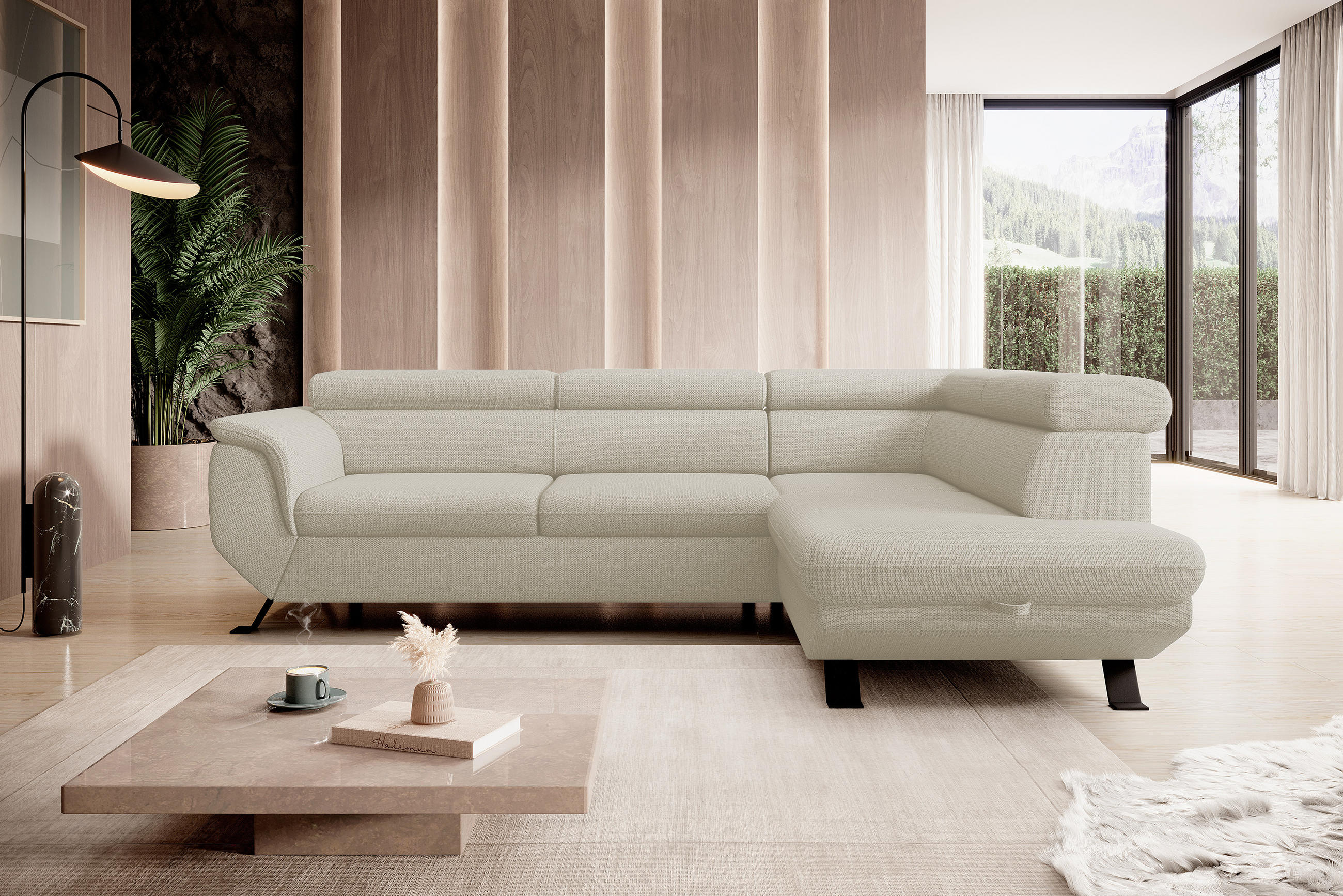 ECKSOFA Raven L mit Schlaffunktion und Bettkasten, Freistehend, Polstersofa mit Verstellbaren Kopfstützen, 257x198x96 cm – Rechte, Beige - Beige, Holz/Textil (256/198cm) - DomoHome