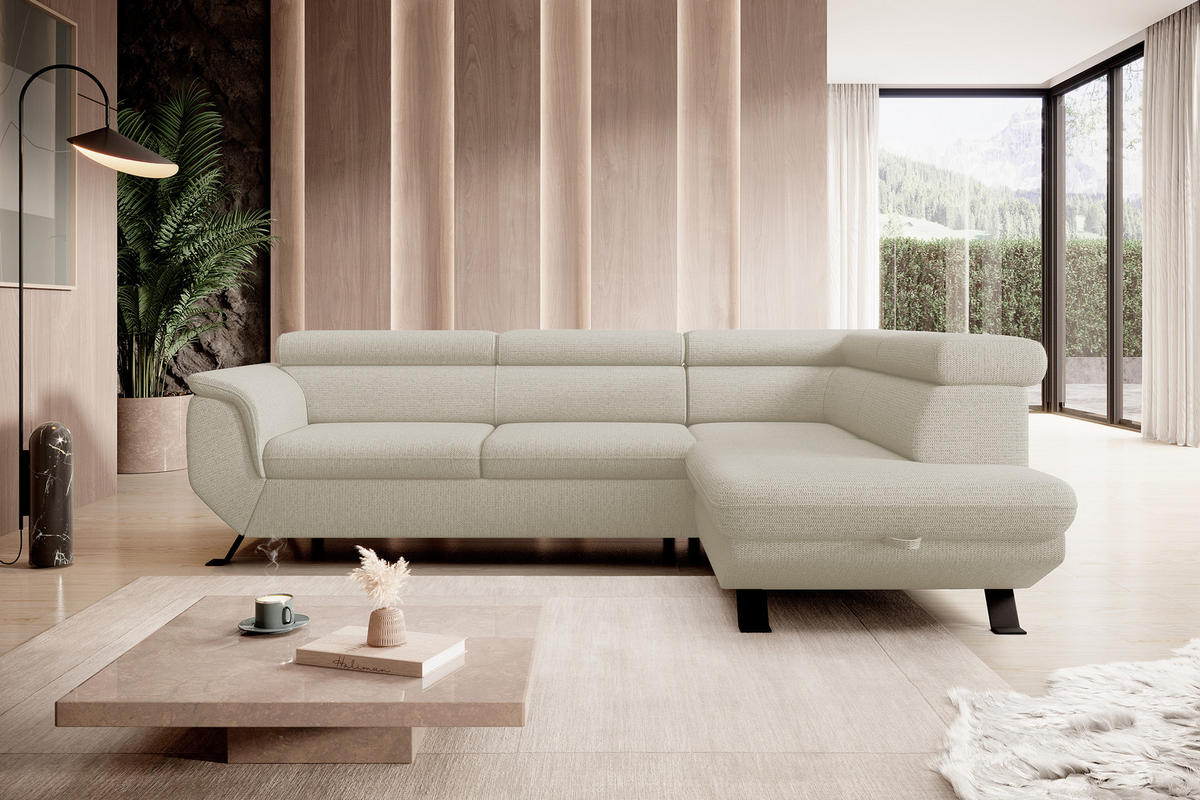 ECKSOFA Raven L mit Schlaffunktion und Bettkasten, Freistehend, Polstersofa mit Verstellbaren Kopfstützen, 257x198x96 cm – Rechte, Beige - Beige, Holz/Textil (256/198cm) - DomoHome
