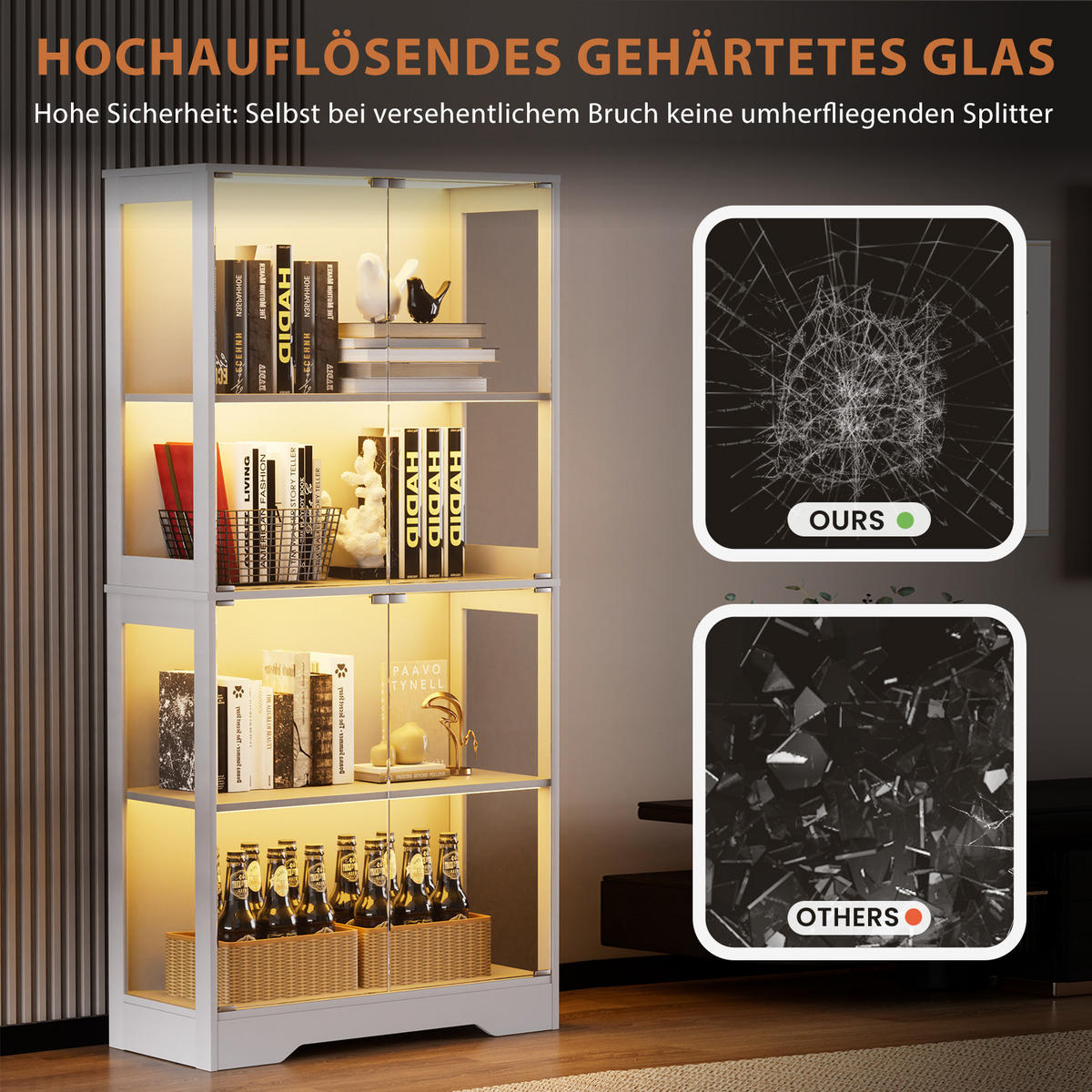 GLASVITRINE aus MDF und Glas 80x35x165 cm Weiß mit LED-Beleuchtung, Sensortechnik und Stauraum - Weiß, Holzwerkstoff (80/165/35cm) - Modfu