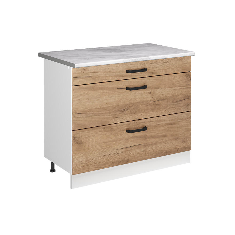 KÜCHENUNTERSCHRANK R-Line, Goldkraft Eiche/Weiß, 100 cm Arbeitsplatte Marmor - Eichefarben/Weiß, Holzwerkstoff (100/81.6/60cm) - Vicco