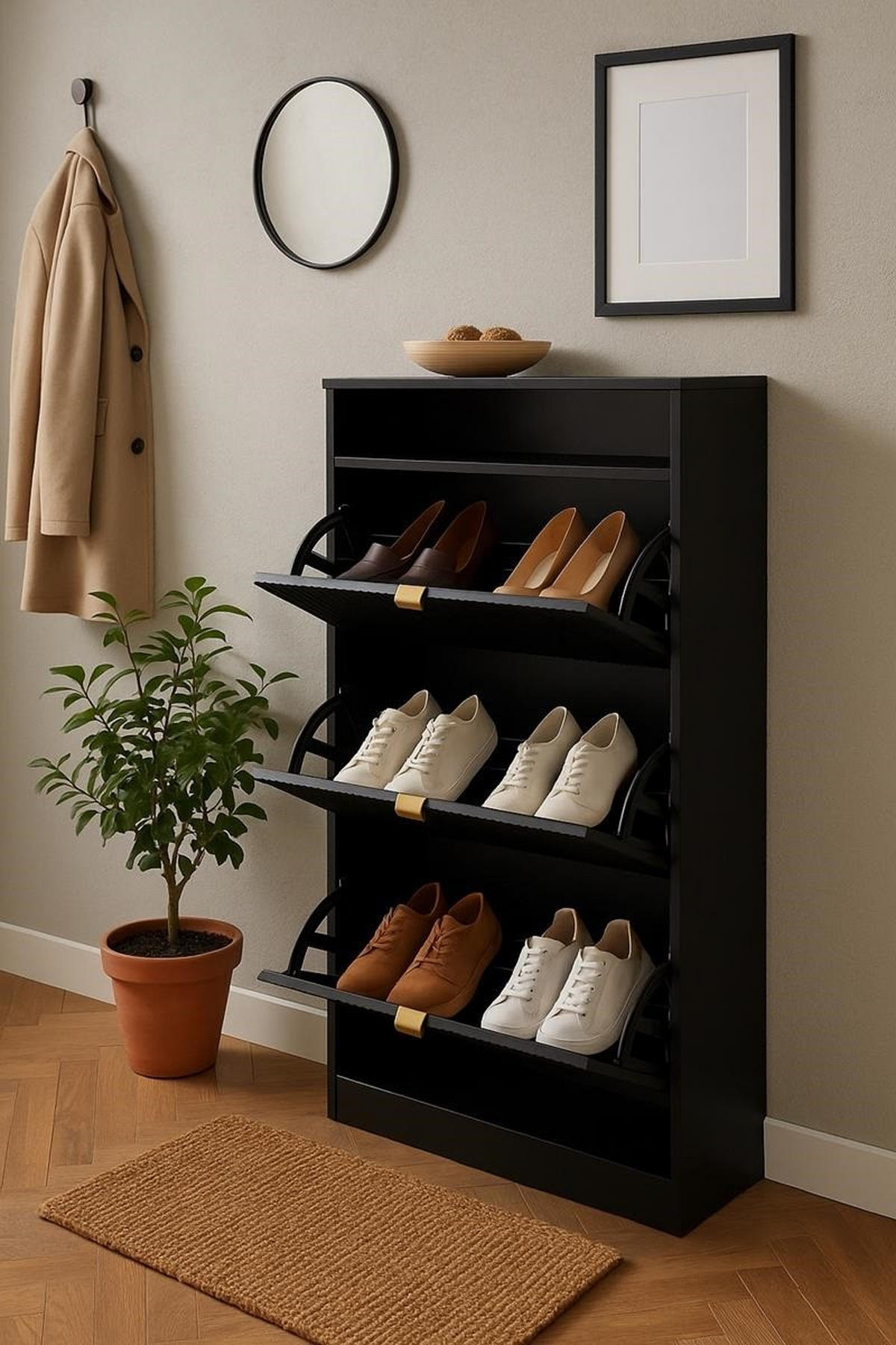 SCHUHSCHRANK Mia, Weiß mit goldenem Griff - Goldfarben/Weiß, Holzwerkstoff (60/125/24cm) - Bettso