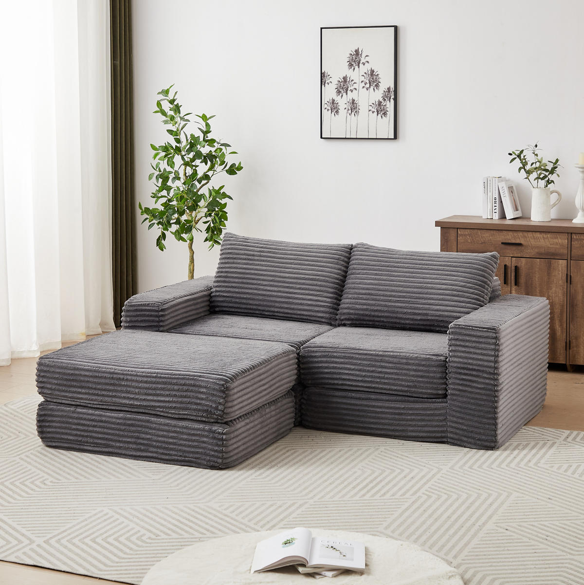 SOFA-BETT modular mit Fußstütze Cord Grey - Grau, Kunststoff (169.5/194cm) - Meubliv