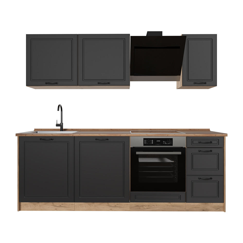 KUCHYNKA R-Line, Antracitový vidiecky dom/Dub Goldkraft, 220 cm Goldkraft tammi työtaso - dub medový/antracitová, kompozitné drevo (220/81.6/60cm) - Vicco