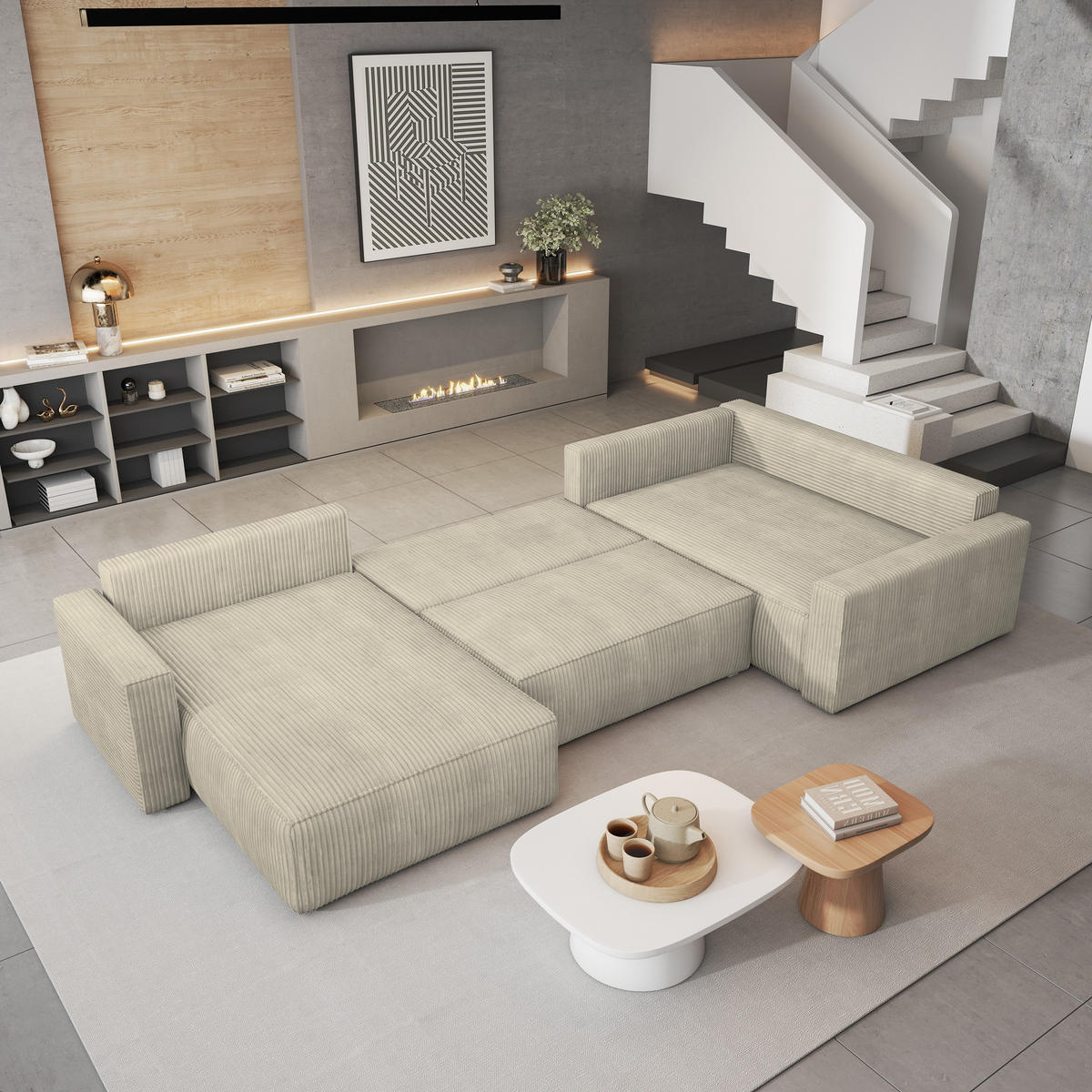 WOHNLANDSCHAFT VELAMI R-S Creme Kordstoff mit Schlaffunktion - Creme, Holz (365/83/194cm) - MASSENO