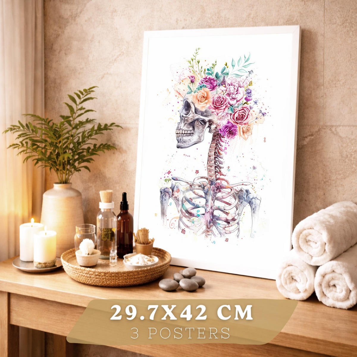 POSTER Set aus 3 Anatomie Drucke mit Skelett Schädel Wirbelsäule Rippen Lungen und Verdauungssystem Künstlerischer Größe Weißer Rahmen A3 - Weiß, Papier (29.7/42/3cm) - Nacnic
