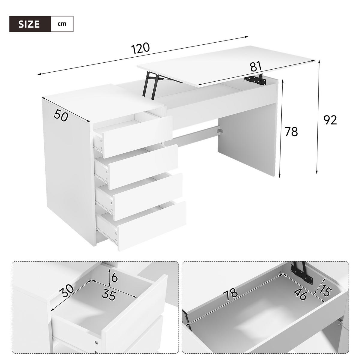 SCHREIBTISCH Weiß 120/50/78-92 cm mit 4 Schubladen manuell höhenverstellbar - Weiß, Holzwerkstoff (50/120/78cm) - PANGIVO