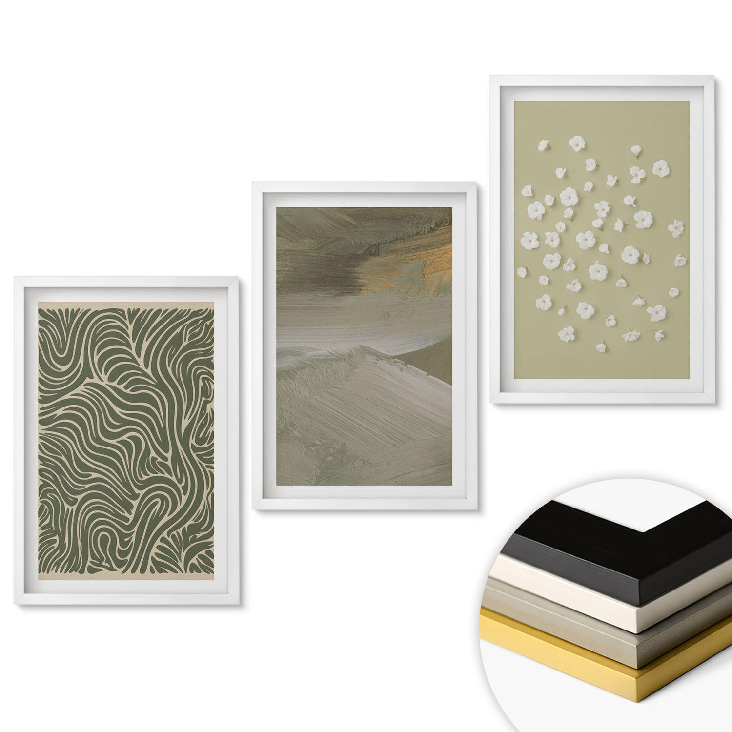 WANDBILDER 3er-Set - 40x60 cm Weißer Rahmen - Abstrakte florale Wellenmuster - Weiß, Kunststoff (40/60cm) - ArtPrintCave