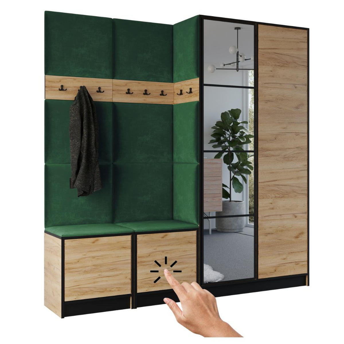 GARDEROBENSCHRANK EDEN 21 mit Spiegel - Eiche Craft Gold & Stoff Grün - Honigeiche/Grün, Holzwerkstoff (211/205/39cm) - Kier Furniture