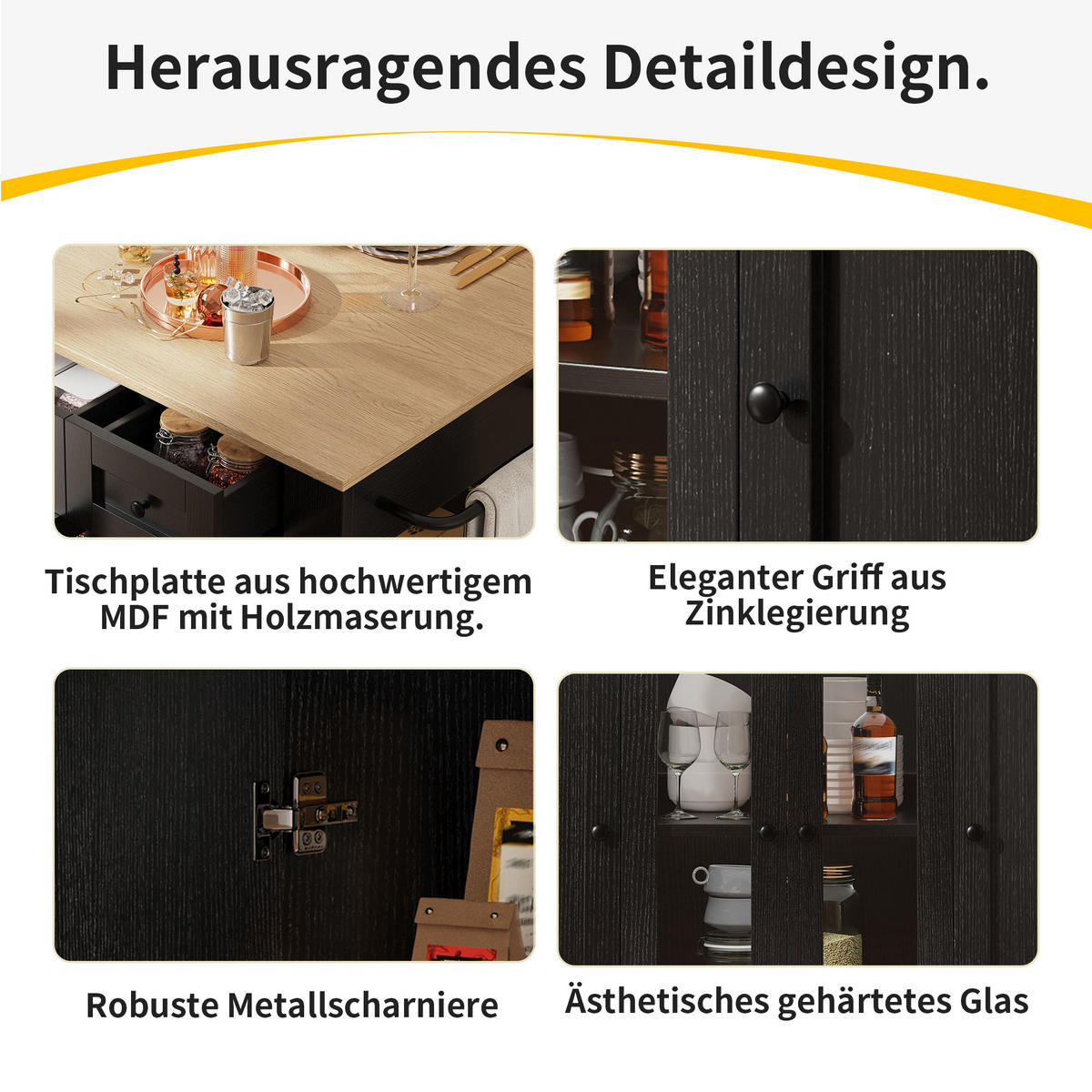 KÜCHENINSEL Servierwagen Glas Holzmaserung Schwarz - Schwarz, Metall (151.5/91.7/60cm) - FLIEKS