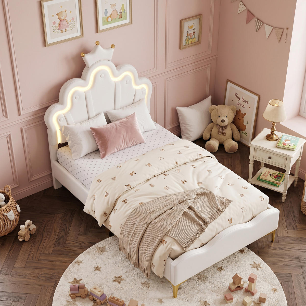 ČALOUNĚNÁ POSTEL 90x200 cm, princeznovský design, PU kůže s LED - bílá, kůže (90/200cm) - Urban Meuble