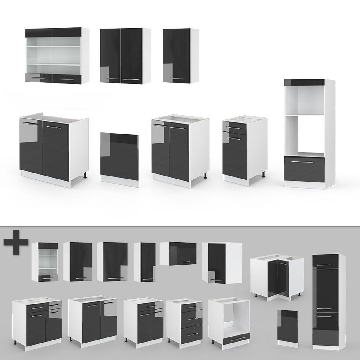 KÜCHENZEILE Fame-Line Anthrazit Hochglanz/Weiß 300 cm mit Hochschrank AP Eiche - Anthrazit/Weiß, Holzwerkstoff (300/81.6/60cm) - Vicco