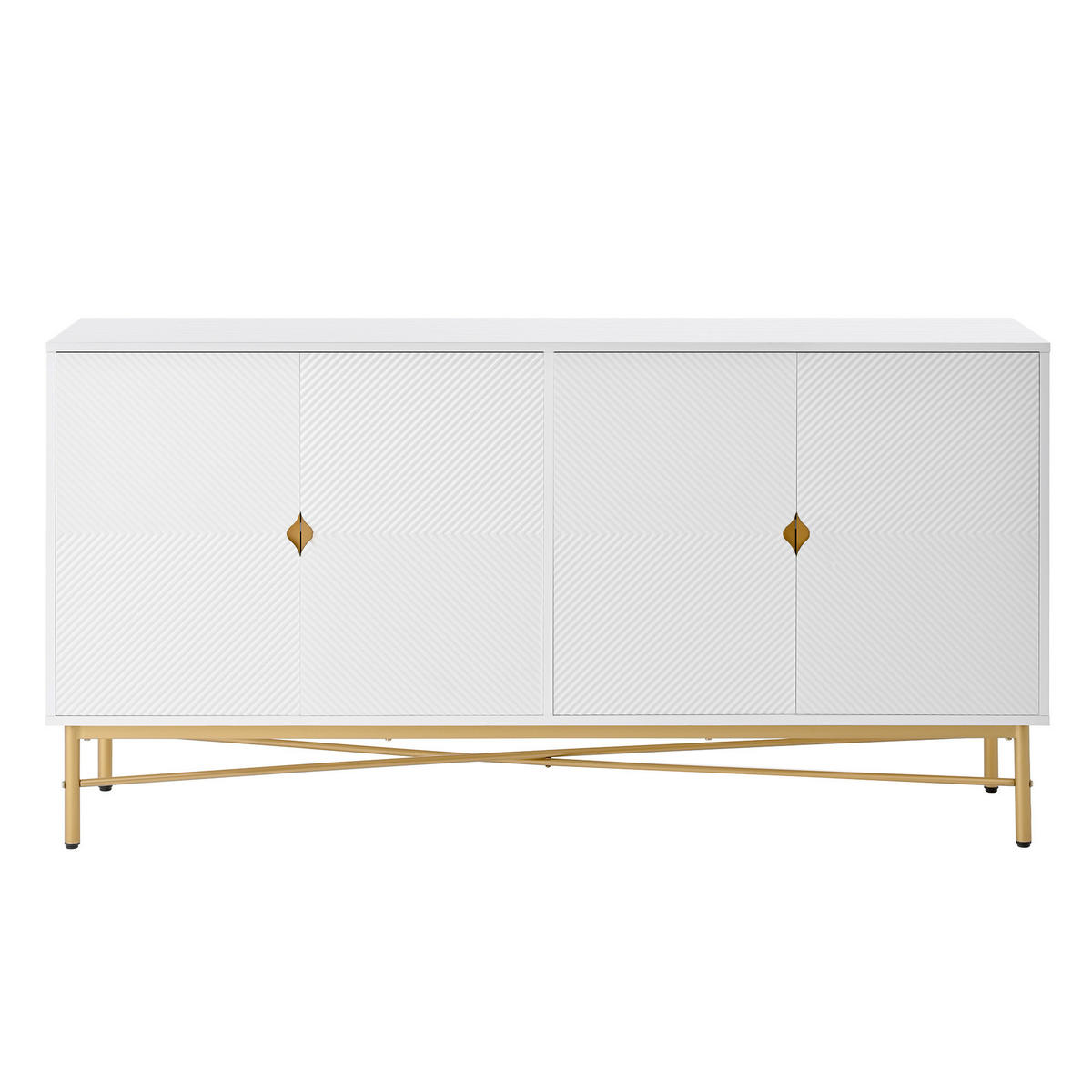 SIDEBOARD 160/40/82 cm mit 4 Türen in Weiß mit Strukturfronten & goldfarbenen Details - Weiß, Holzwerkstoff (160/82/40cm) - BEAOK