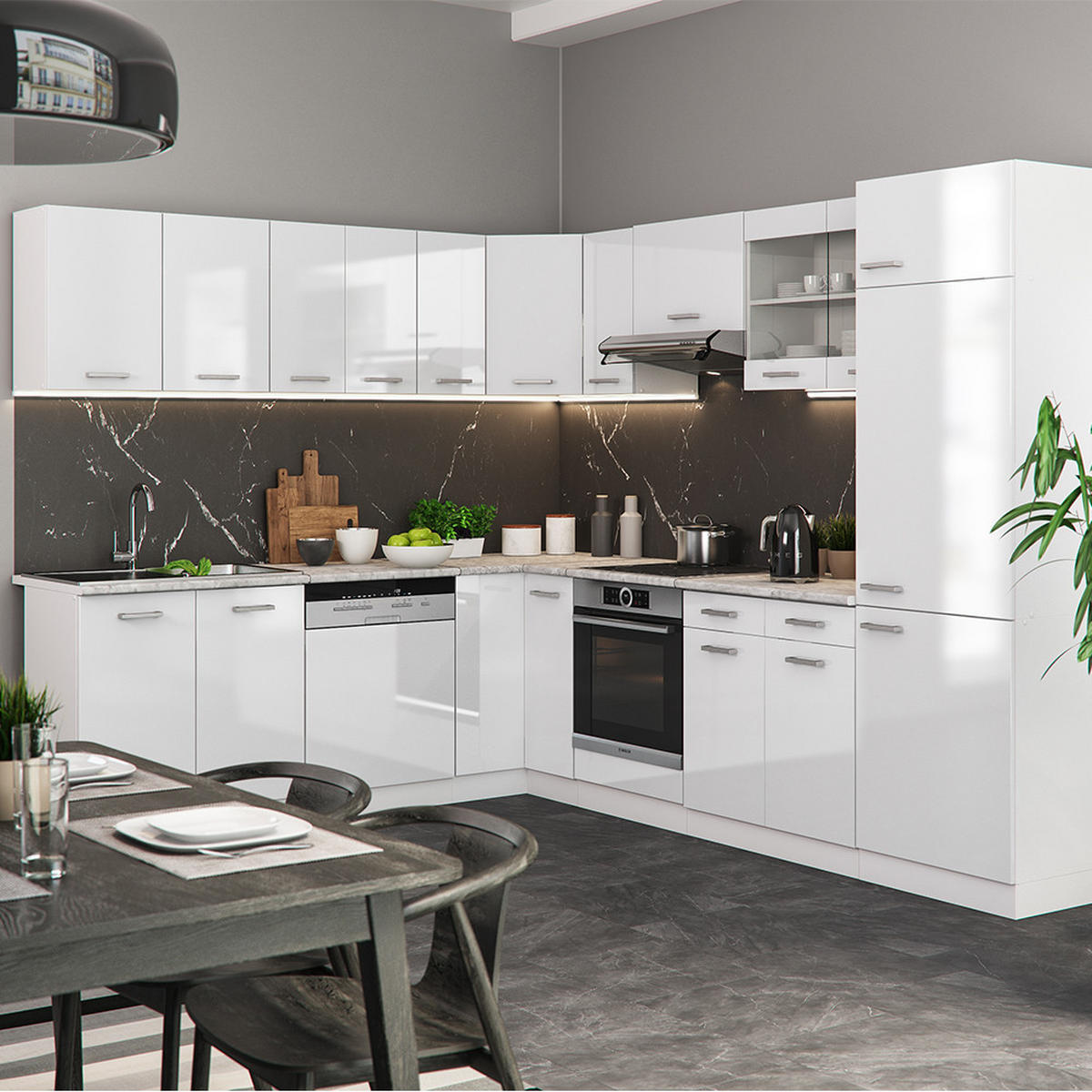 ECKKÜCHE R-Line Weiß 227 x 287 cm ohne AP - Weiß Hochglanz/Weiß, Holzwerkstoff (287/81.6/46cm) - Vicco