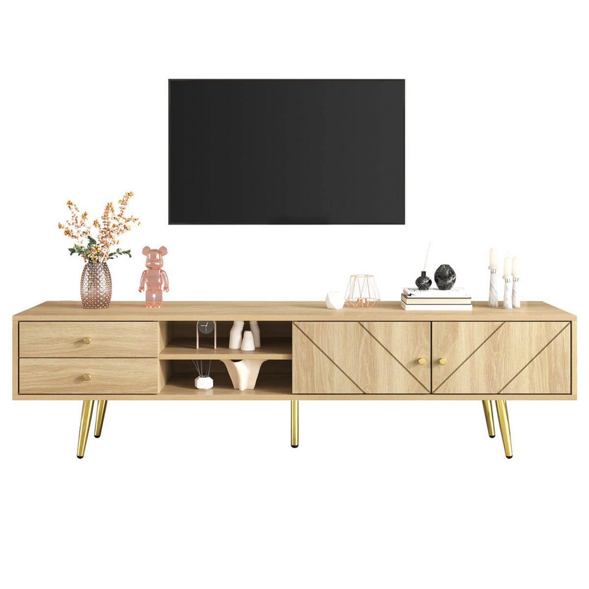 TV-SCHRANK 160cm mit goldenen Füßen 2 Schubladen einzigartige Türen - Braun, Holz (47.5/12/177.5cm) - FLIEKS