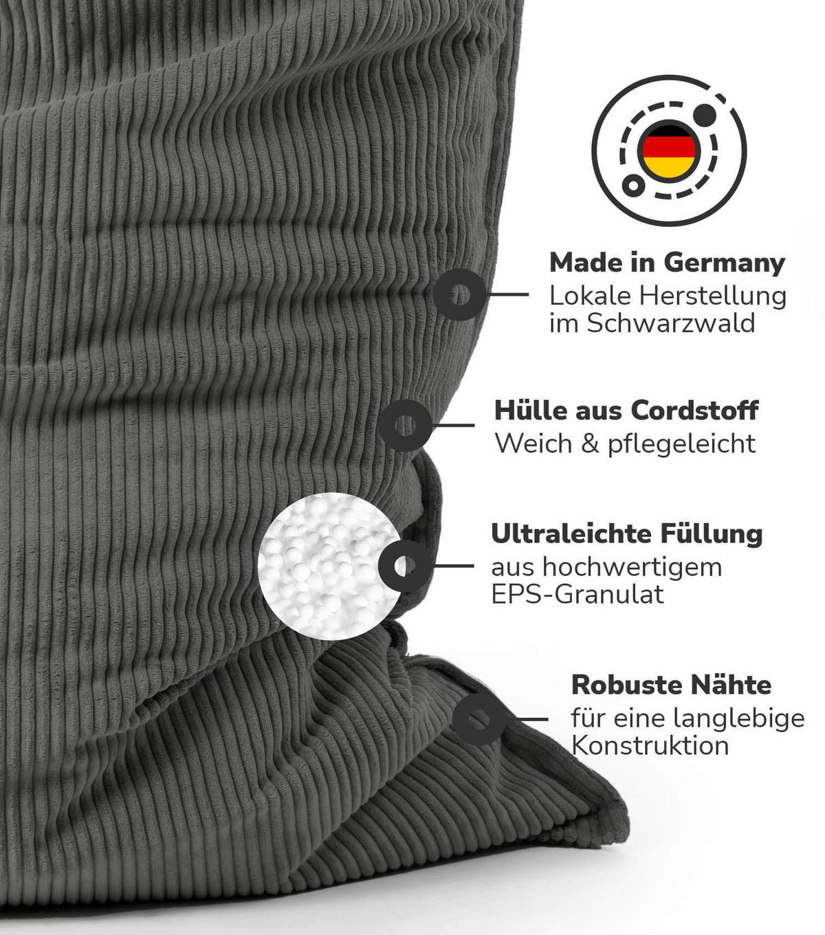 SITZSACK mit Cord Cover Der Große - Anthrazit, Textil (130/20/170cm) - Mokebo