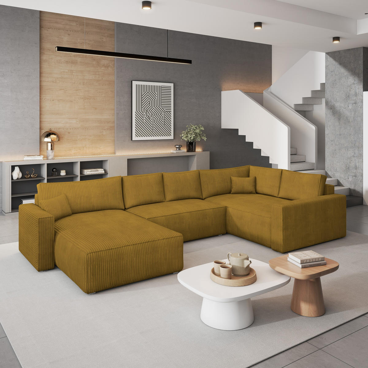 WOHNLANDSCHAFT VELAMI R-S Gelb Kordstoff mit Schlaffunktion - Gelb, Holz (365/83/194cm) - MASSENO