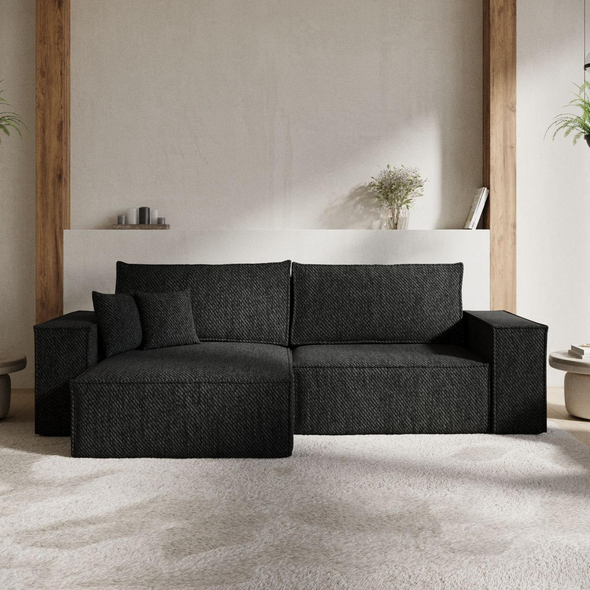 ECKSOFA CAVO mit Schlaffunktion Schwarz im Neve Stoff - Schwarz, Holz/Holzwerkstoff (255/148cm) - AltaBeds