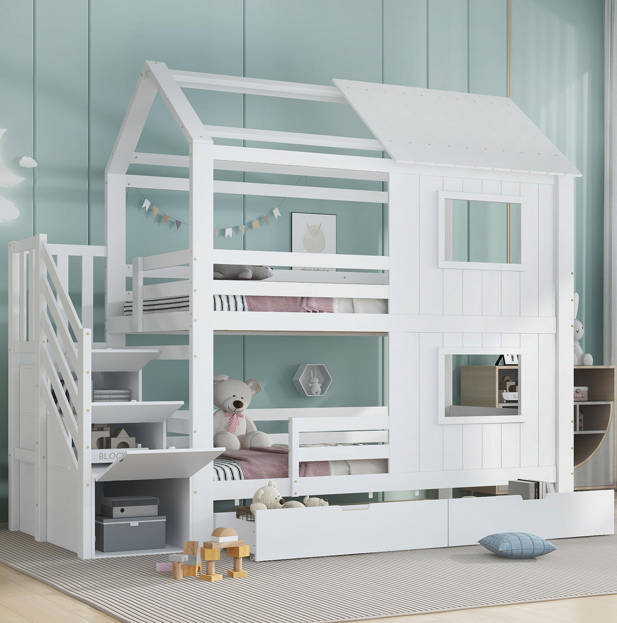 ETAGENBETT 90/200 cm aus Kiefer und MDF mit Treppenschrank, Rollschublade und Dach-Fenster-Design, Weiß - Weiß, Holz (90/200cm) - Redom