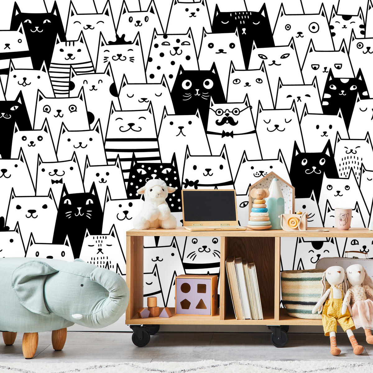 FOTOTAPETE für Kinderzimmer Schwarze Weiße Comic Katzen 350x256 - Schwarz/Weiß, Papier (350/256cm) - Muralo