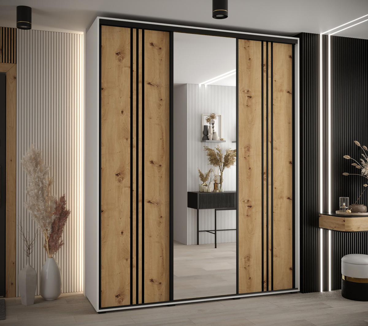 SCHWEBETÜRENSCHRANK 235,2/200/60 3-türig - Schwarz/Eiche Artisan, Holz/Metall (200/235/60cm) - Abiks Möbel