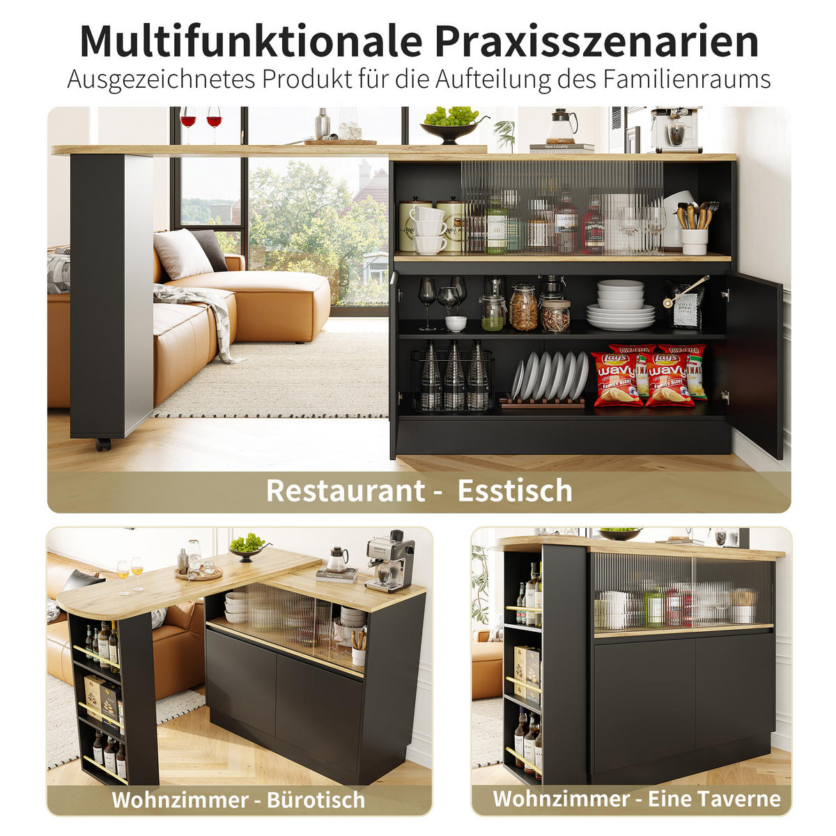 STEHTISCH mit Stauraum und Schiebetüren – Multifunktionaler Bartisch 120 cm - Schwarz, Holzwerkstoff/Metall (90/100/45cm) - Urban Meuble