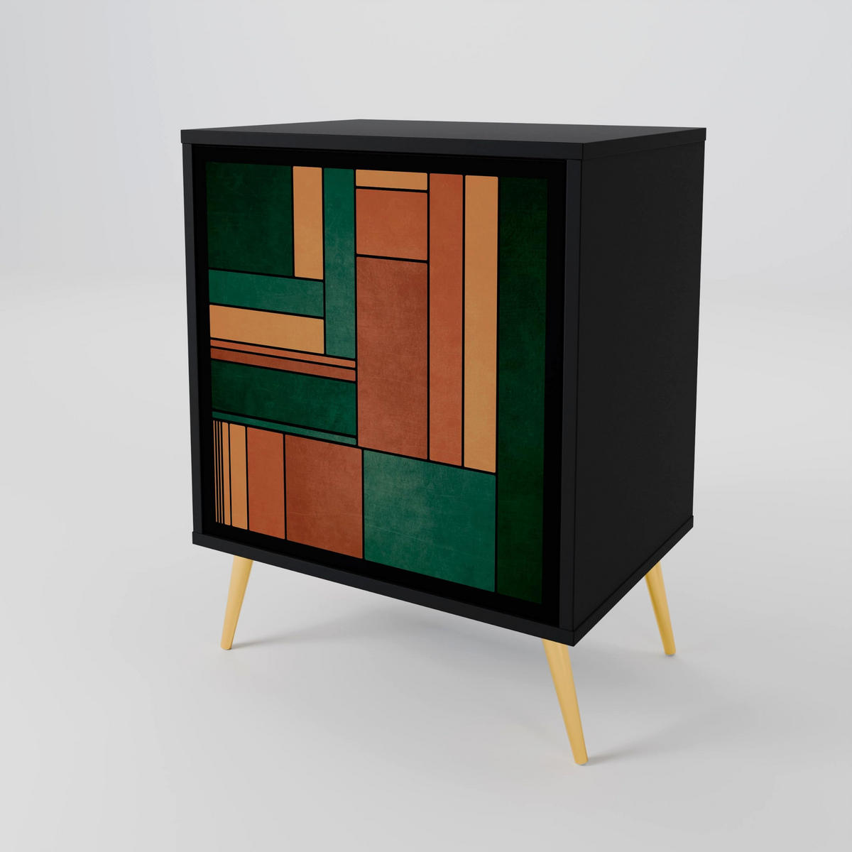 SIDEBOARD EARTHY FIGURES, Schwarz, 57,5x42x70,5 cm, Schwarze Metall-Sternfüße - Multicolor/Schwarz, Holzwerkstoff/Metall (57.5/70.5/42cm) - SpaceRebels