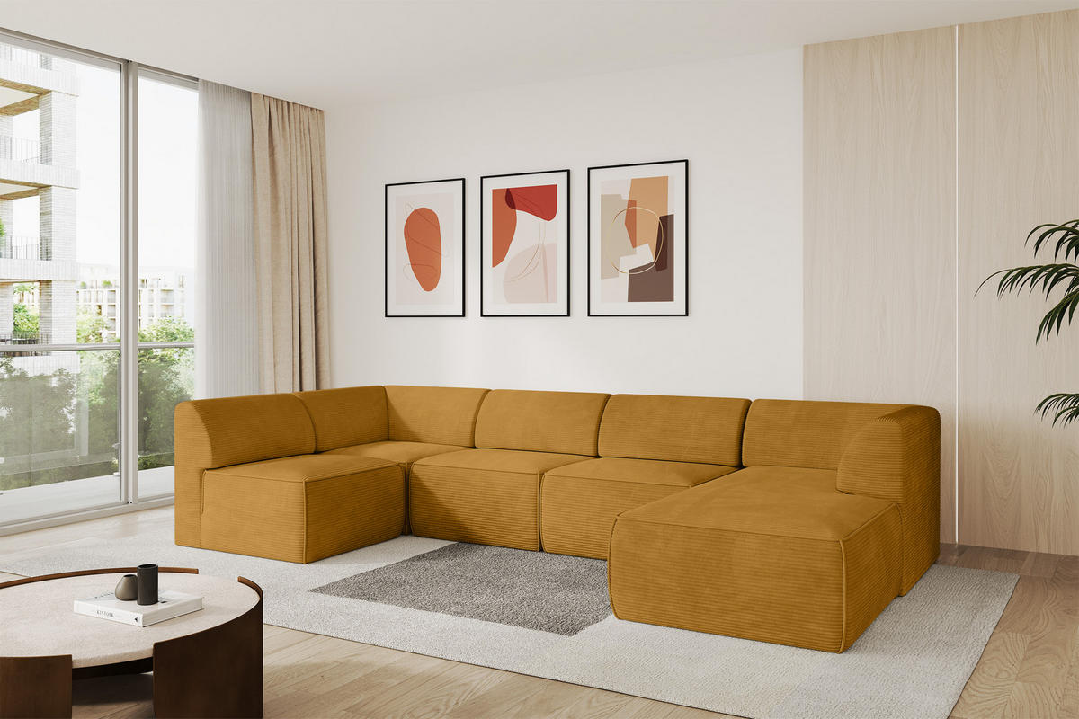WOHNLANDSCHAFT Ottomane Rechts MOVO-L 345x180x78 cm Senffarbe Cord - Honig, Holzwerkstoff/Kunststoff (180/78/345cm) - ALTDECOR