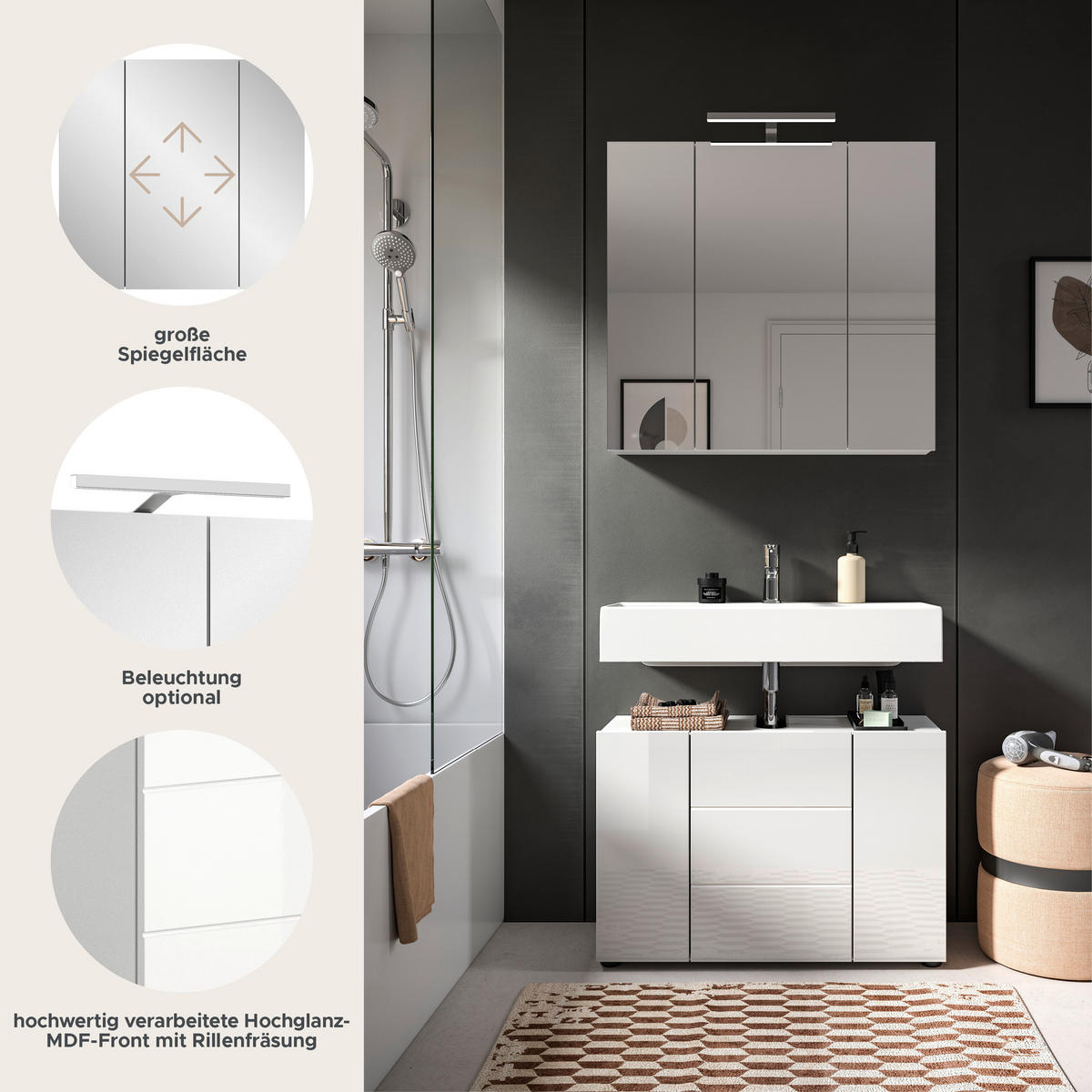 BADKOMBINATION 2tlg. inkl. Beleuchtung Vira Bad in weiß Melamin und weiß HG B/H/T: 82x190x34 cm - Weiß, Holz (82/190/34cm)