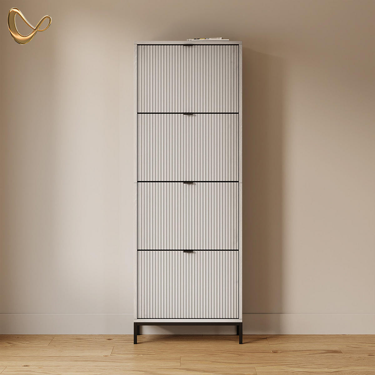 SCHUHKIPPER Aterno Weiß 60 x 168 cm mit 4 Klappschubladen - Weiß, Holzwerkstoff (60/168/24cm) - Livinity®