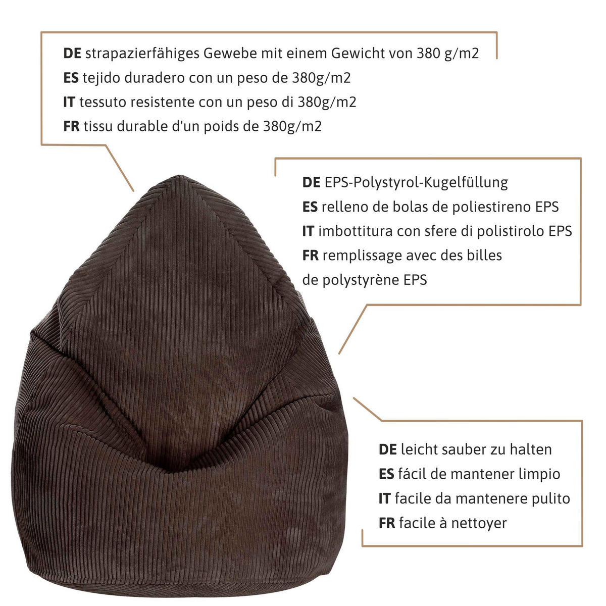 SITZSACK MIT FUßSTÜTZE Kordsamt 2-tlg Dark Chocolate S - Dunkelbraun, Textil (70/105/70cm) - Dreamroots