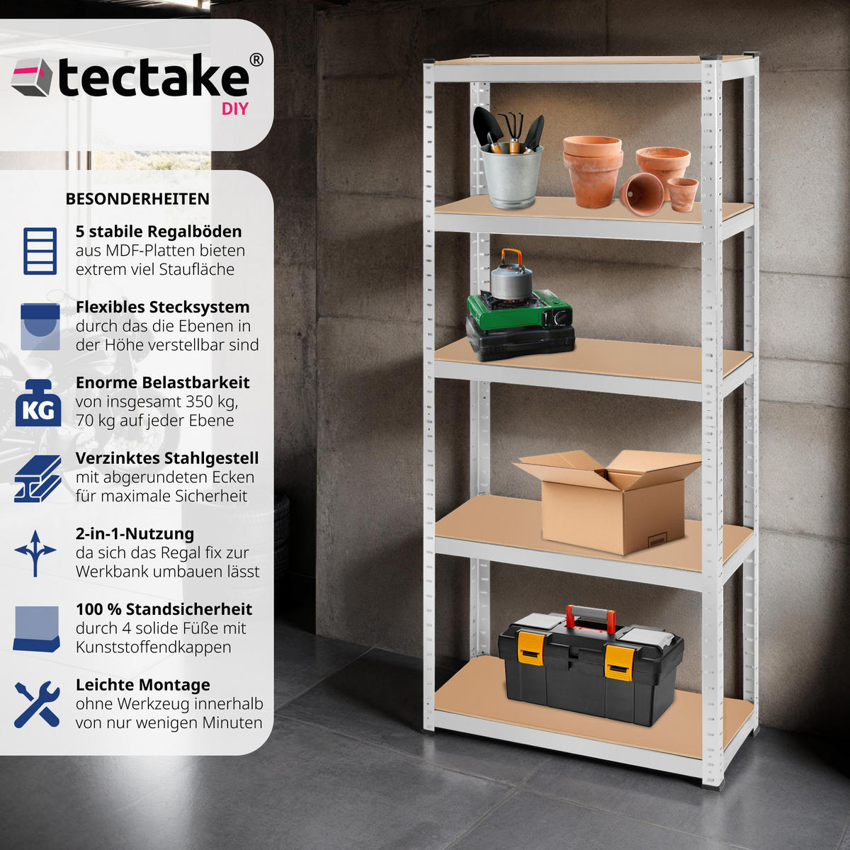 SCHWERLASTREGAL ,schnelle Montage,silber - Silberfarben, Metall (75/180/30cm) - tectake