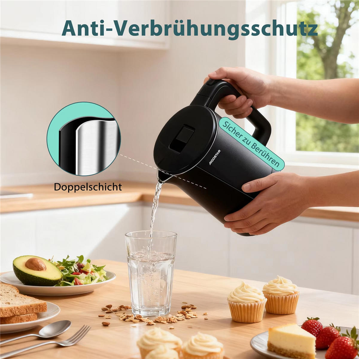 WASSERKOCHER Edelstahl 1,7L – 2200W Doppelwand Schwarz - Schwarz, Metall (1/1/1cm) - Kaket
