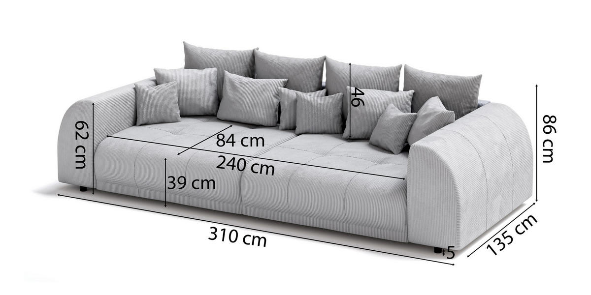 BIGSOFA Levana 5 Sitzer Hellgrau Cord-Stoff - Hellgrau/Schwarz, Holz/Kunststoff (310/86/135cm) - S-Style Möbel