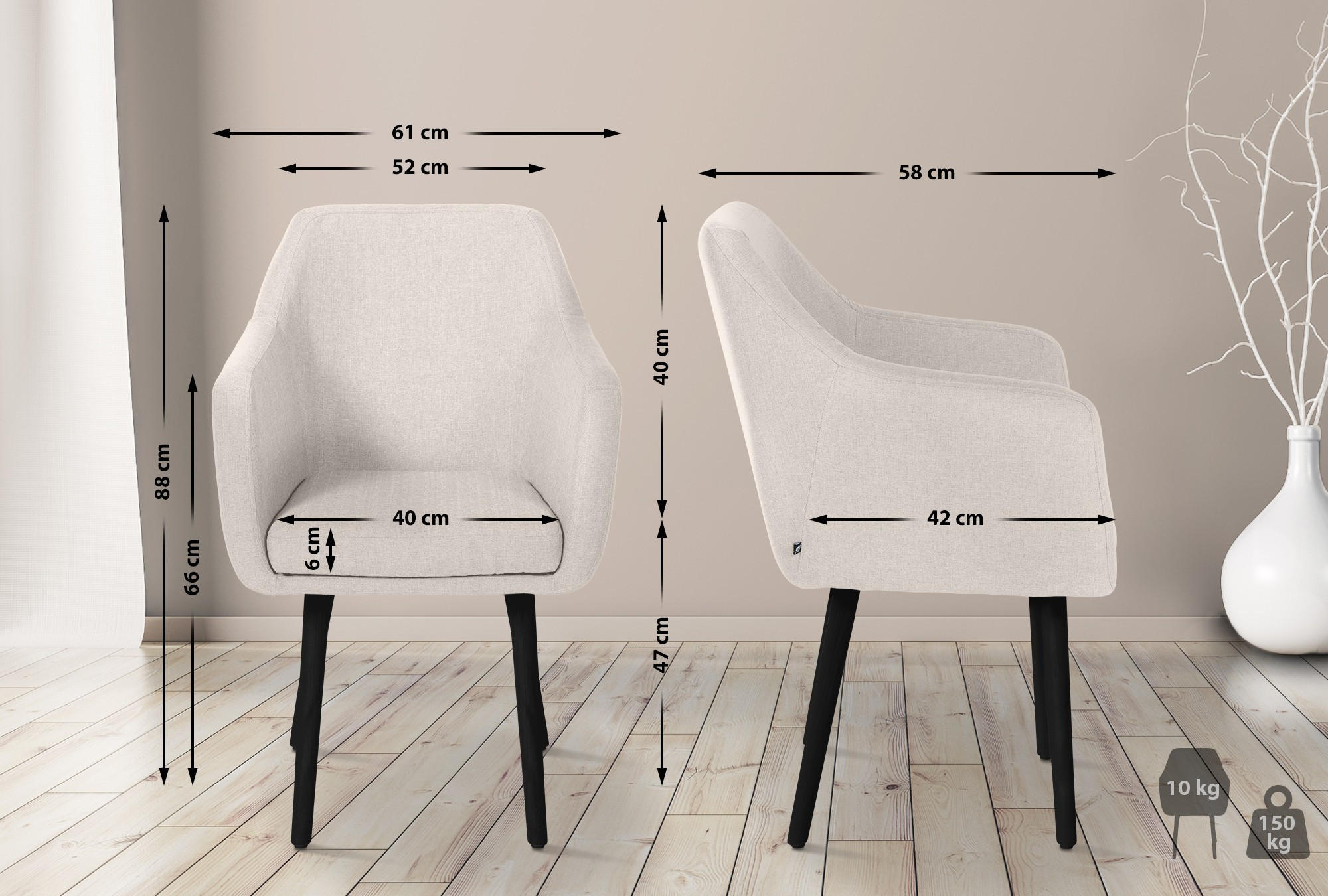 ARMLEHNENSTUHL Stoff creme - Creme/Schwarz, Holz/Textil (61/88/57.5cm) - CLP