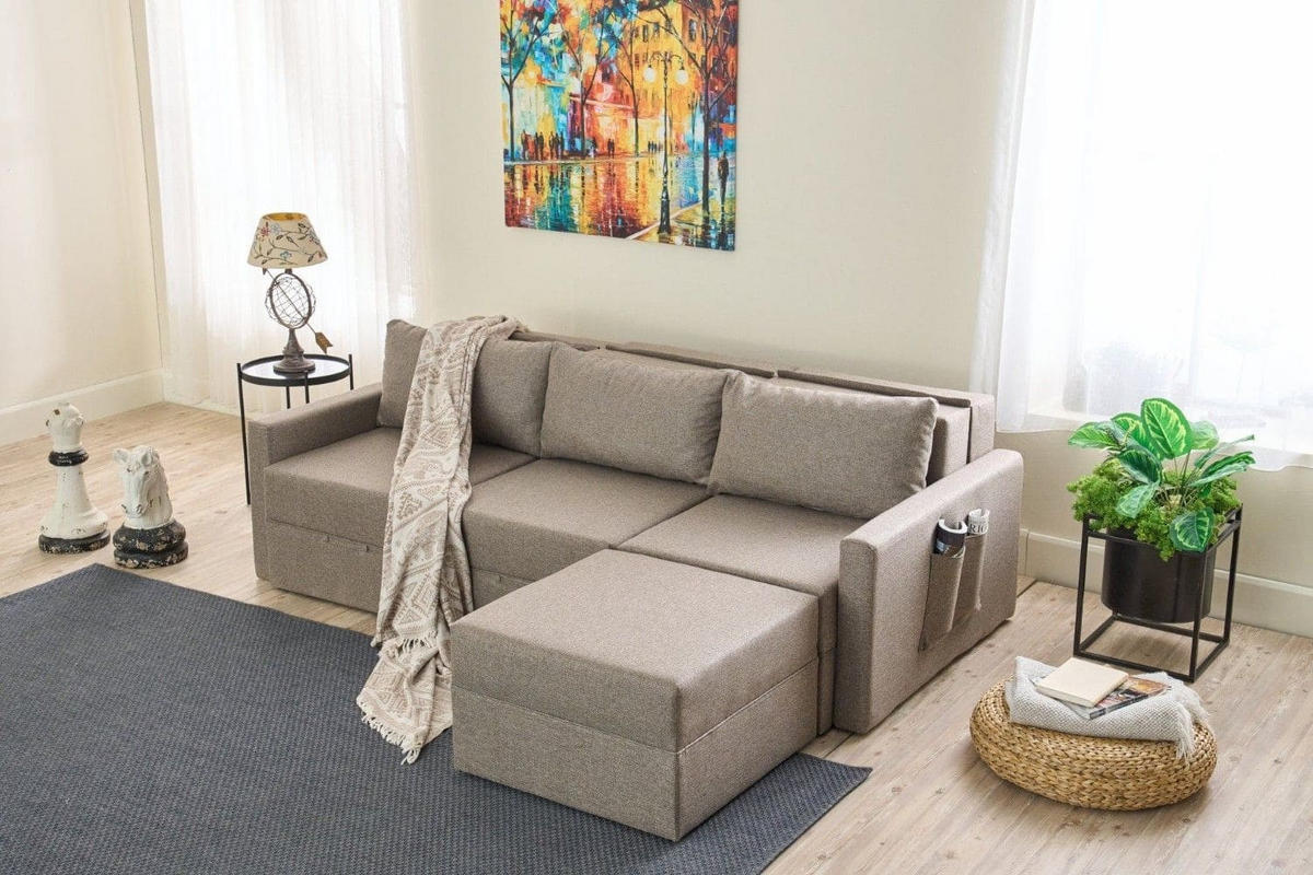 ECKSCHLAFSOFA mit Hocker - Taupe/Schwarz, Holz/Kunststoff (230/180cm) - myHomelando