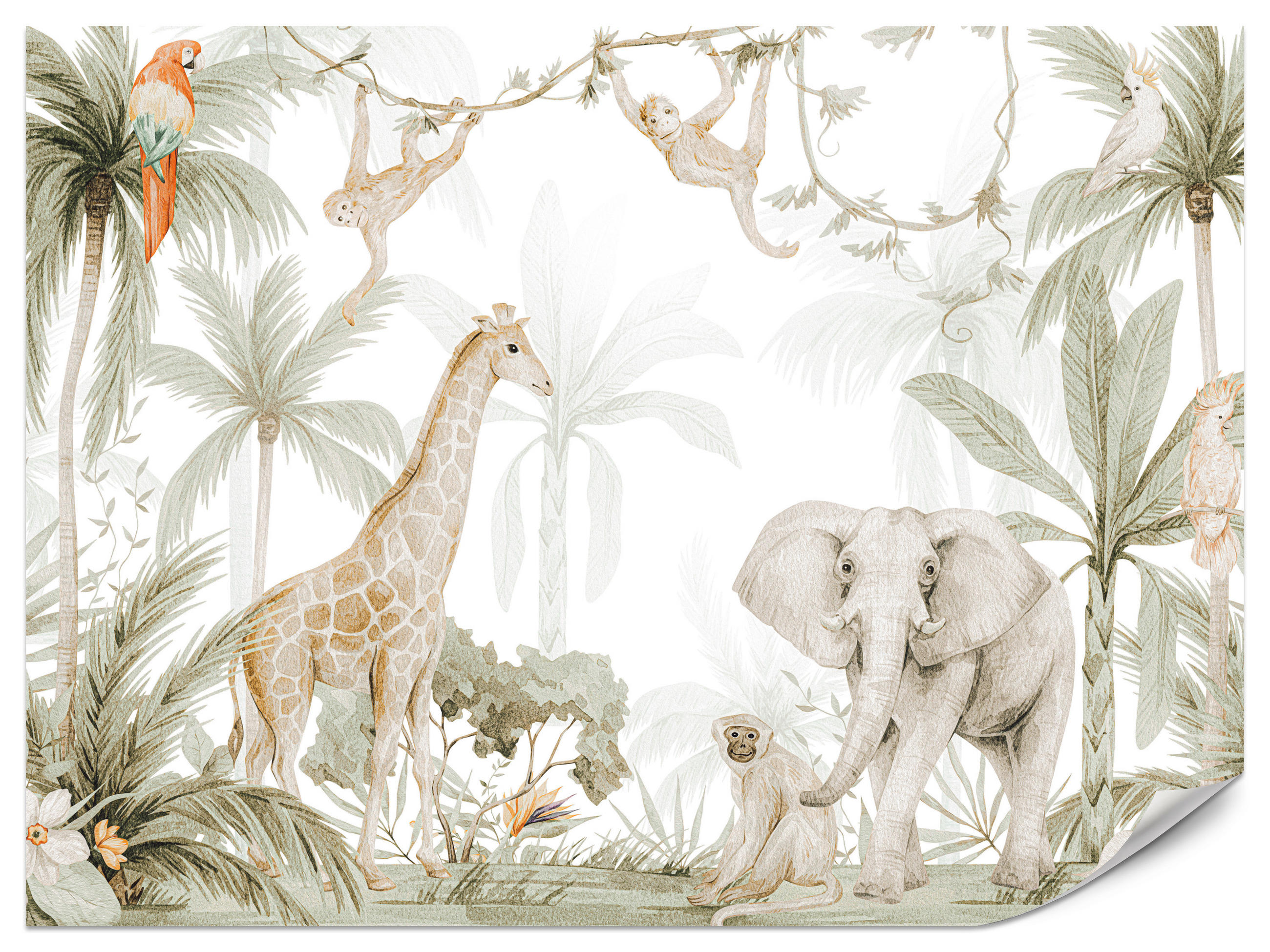 FOTOTAPETE für Kinderzimmer Dschungel Tiere Giraffe Elefant Palmen 500x350 - Ecru/Braun, Papier (500/350cm) - Muralo
