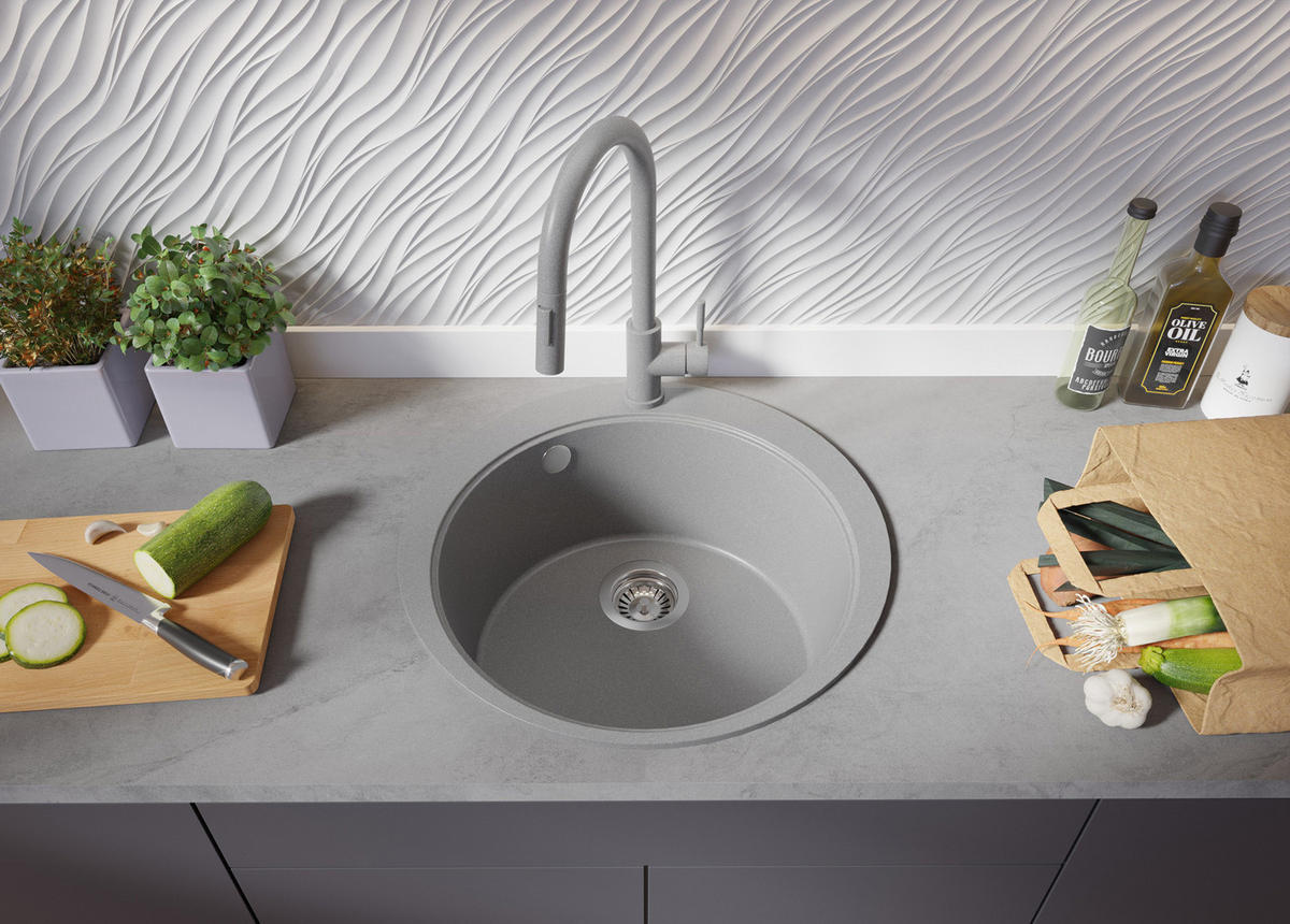 SPÜLBECKEN RUND Pisa Max, 2-er set Grau 53/53 cm 1 Becken + Ablauf-Set + Schneidebrett ab 50er Unterschrank - Chromfarben/Beige, Kunststoff (53/20/53cm) - Primagran