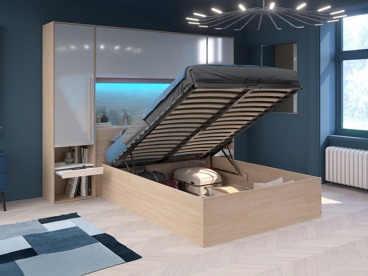 BETT mit Bettkasten - 2 Personen - Holz, Platte - Naturfarben Hell, Weiß - Naturfarben/Weiß, Holz (140/190cm) - Vente-Unique