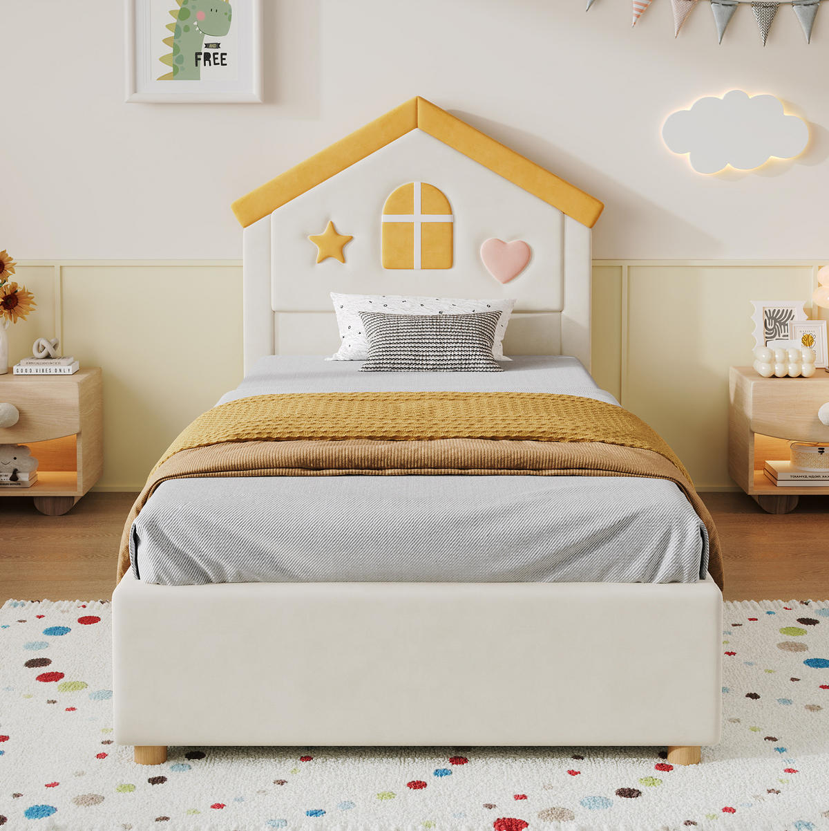 POLSTERBETT 90/200 cm in Beige mit 4 Schubladen und Haus-Kopfteil aus Samt - Beige, Textil (90/200cm) - Flora Grace