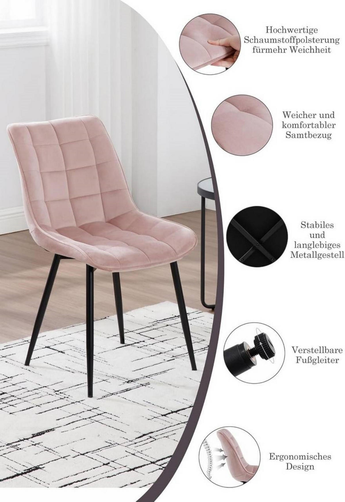 ESSZIMMERSTUHL 2er Set, Samt, Metallbeine, Rosa - Schwarz/Rosa, Textil/Metall (46/85.5/40.5cm) - Woltu