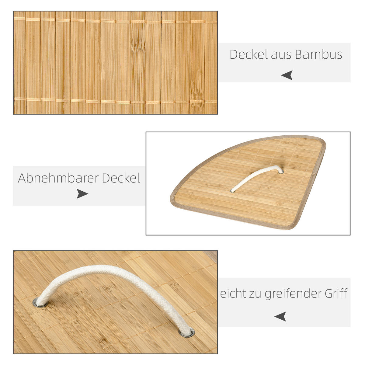WÄSCHEKORB mit Deckel 55L, Bambus, Natur - Naturfarben, Naturmaterialen (38/57/38cm) - HOMCOM